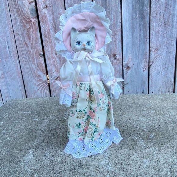 SOLD Porcelain Ceramic Pink White Cat Doll Soft Body wi